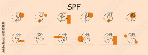 SPF set icon. Sunscreen, protection, 20, 5, 35, 15, 40, 10, 50, 30, 25, 45, 35, sunburn, skin care, ultraviolet radiation, photoaging, pigmentation, age spot, freckles, wrinkles, skin cancer, melanoma