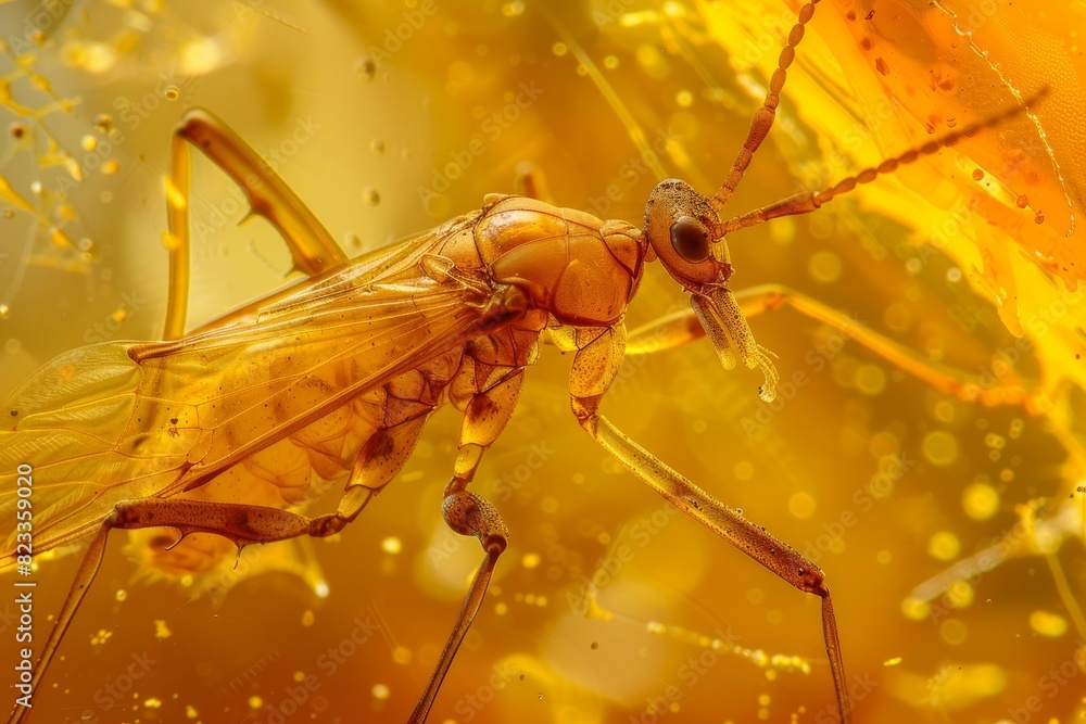 Stunning close-up image of a mosquito encased in amber, highlighting its delicate structure against the warm tones of the resin Stunning close-up image of a mosquito encased in amber, highlighting its delicate structure against the warm tones of the resin