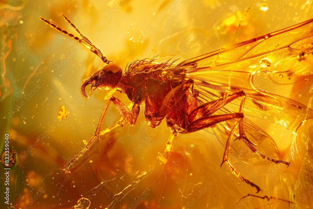 This macro photograph showcases a detailed view of an insect's anatomy preserved in nature's time capsule, amber This macro photograph showcases a detailed view of an insect's anatomy preserved in nature's time capsule, amber