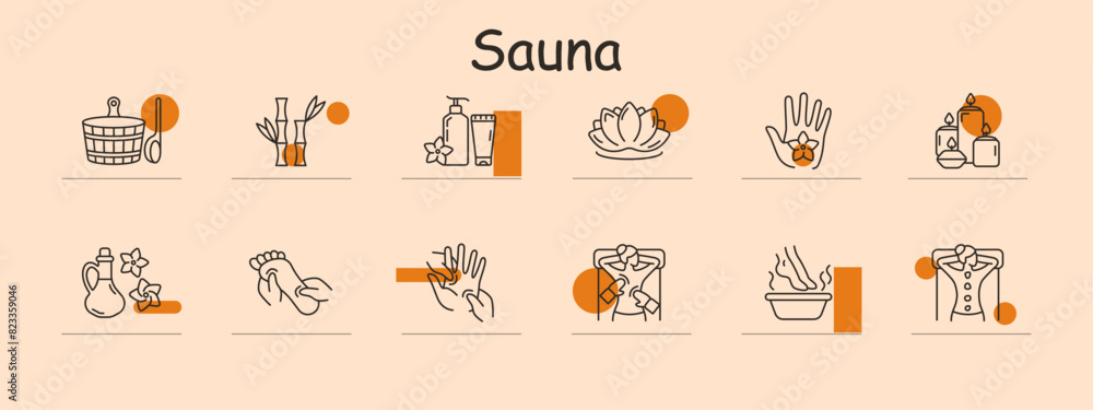 Sauna icon set. Wooden bucket with ladle, bamboo decor, toiletries, lotus flower, hand gesture, candles, essential oil, foot care, acupressure, relaxation, steam bath, robe. Wellness, spa, relaxation Sauna icon set. Wooden bucket with ladle, bamboo decor, toiletries, lotus flower, hand gesture, candles, essential oil, foot care, acupressure, relaxation, steam bath, robe. Wellness, spa, relaxation