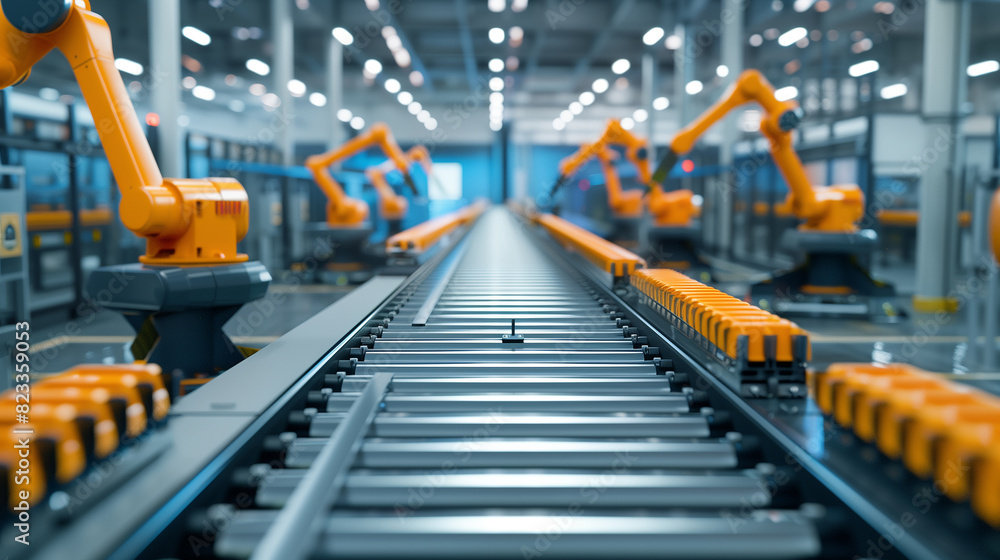 A factory with robots on a conveyor belt