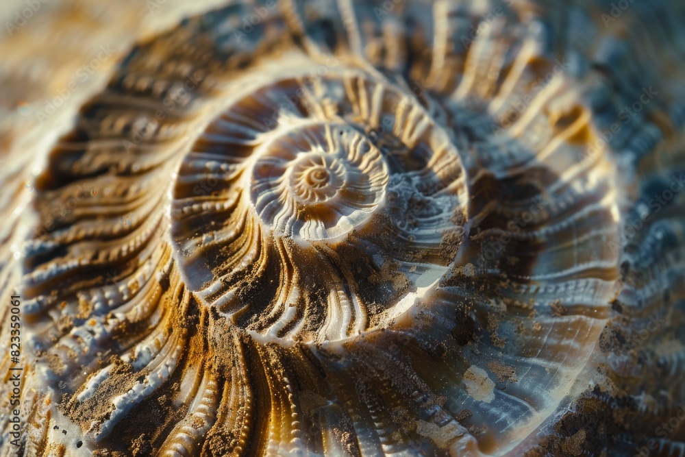 Obraz premium A macro shot reveals the fascinating spiral patterns and textures on a prehistoric fossilized shell