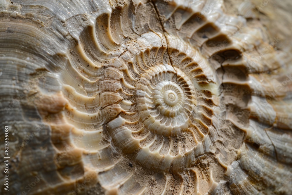 Macro photograph highlights the radial pattern and textures of a spiral shell fossil embedded in rock Macro photograph highlights the radial pattern and textures of a spiral shell fossil embedded in rock