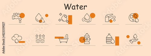 Water set icon. Hydration, purity, conservation, resources, aquatic, sustainability, filtration, H2O, droplets.