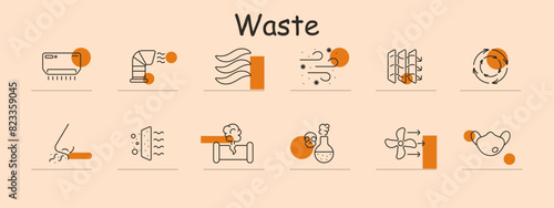 Waste set icon. Pollution, recycling, disposal, management, treatment, sustainability, environment, garbage.