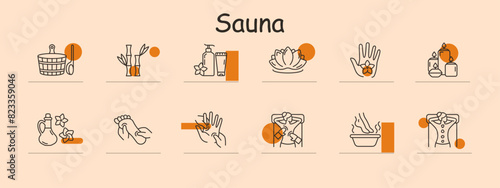 Sauna icon set. Wooden bucket with ladle, bamboo decor, toiletries, lotus flower, hand gesture, candles, essential oil, foot care, acupressure, relaxation, steam bath, robe. Wellness, spa, relaxation