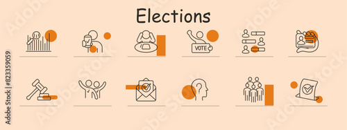 Elections icon set. Voting booth, ID verification, ballot casting, results, candidate, gavel, crowd celebrating, mail in vote, voter identification. Democracy, voting process, election integrity
