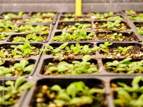 Close up of the thale cress, mouse-ear cress or arabidopsis (Arabidopsis thaliana), a small plant from the mustard family (Brassicaceae), an important model organism in plant biology, genome analysis. photo