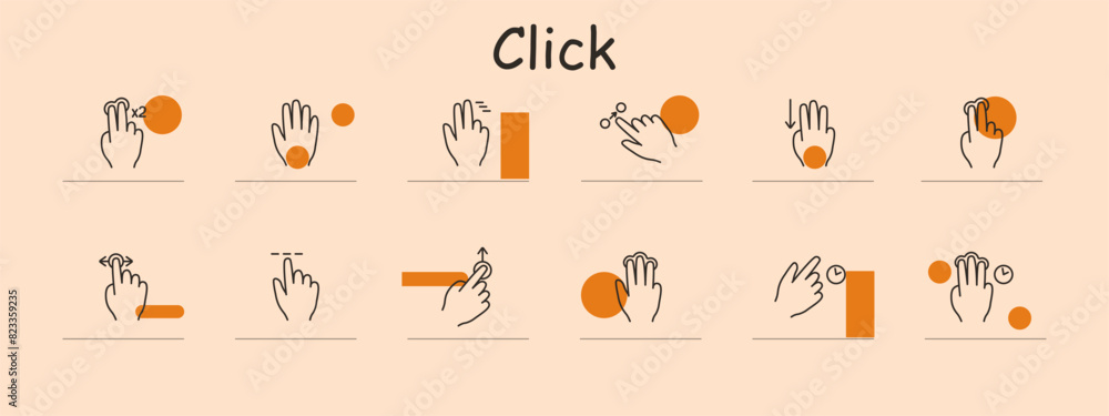 Click gesture icon set. Double tap, single tap, drag, swipe, zoom, scroll, pinch, rotate, long press, multi-finger tap, expand. Touchscreen, mobile gestures, user interaction, navigation, control