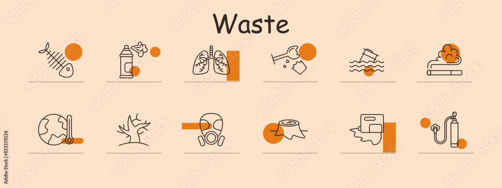 Waste set icon. Fishbone, spray can, lungs, broken glass, water pollution, smoking, globe, tree, gas mask, tree stump, oil spill, bottle. Pollution concept.