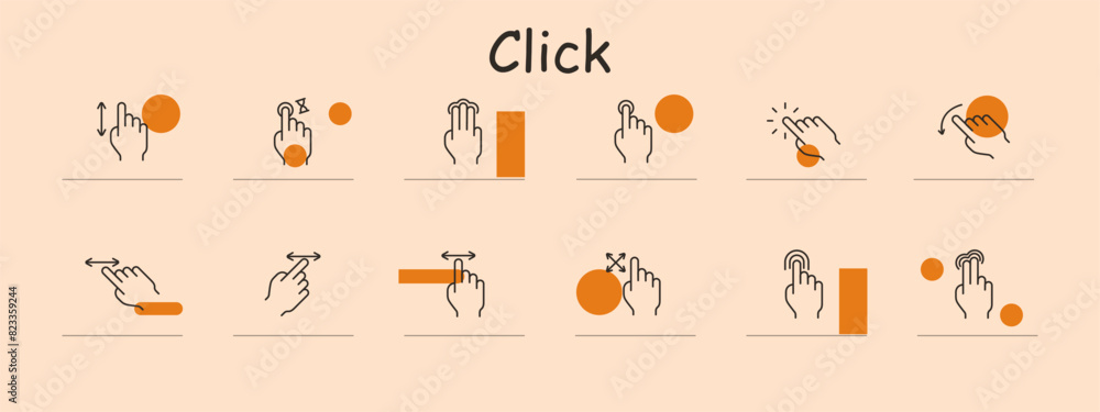 Click set icon. Single tap, double tap, swipe up, swipe down, pinch to zoom, drag, rotate, slide left, slide right, hold, tap. Touchscreen, gesture, interaction, UI concept.