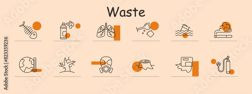 Waste set icon. Fishbone, spray can, lungs, broken glass, water pollution, smoking, globe, tree, gas mask, tree stump, oil spill, bottle. Pollution concept.