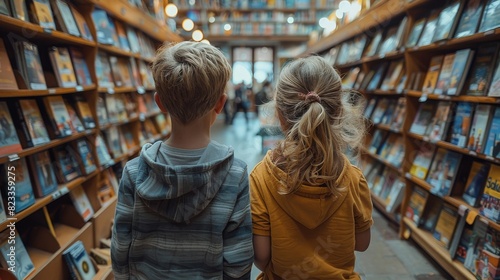 Two young kids stand in a library full of books, immersed in the selection in front of them