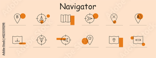 Navigator set icon. Location pin, compass, map, route, waypoint, destination, arrow, navigation tool, star, download, marker. Travel, direction, guide concept.