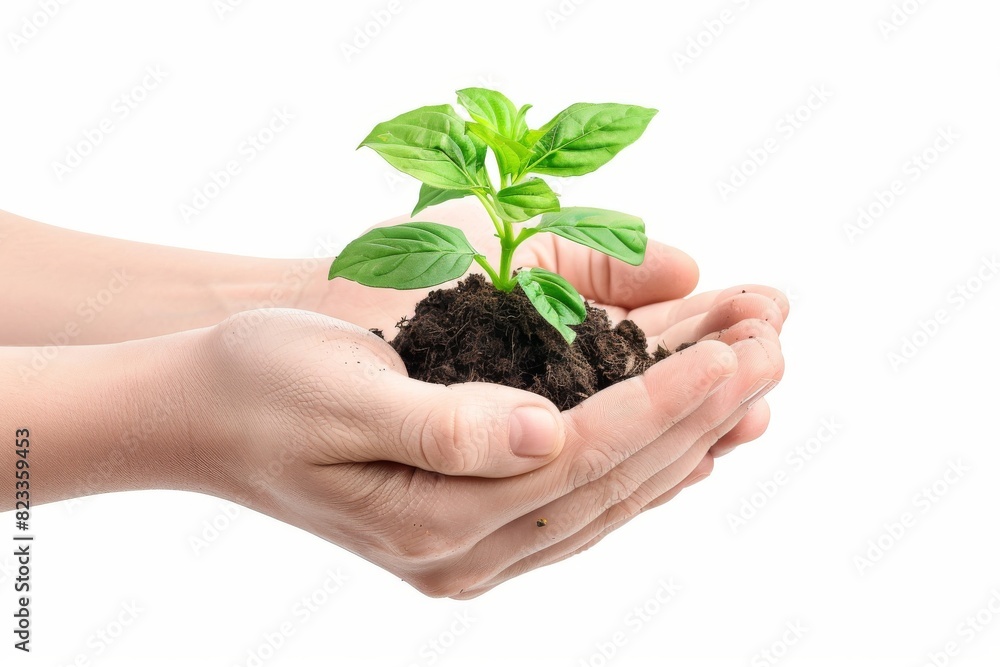 Hands holding young green plant isolated, young sprout in earth pile closeup, ecology, environmental protection Hands holding young green plant isolated, young sprout in earth pile closeup, ecology, environmental protection