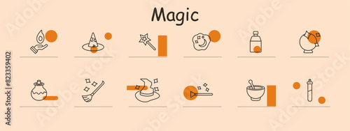 Tricks set icon. Magic hat, magic wand, spellbook, cauldron, star scroll, potion, spellbook, tarot cards, sparkles. Magic, illusion, trick concept.