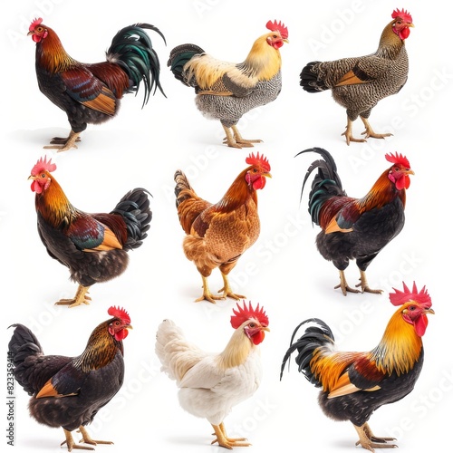 Color hens, different hens and roosters set isolated, chickens on white background