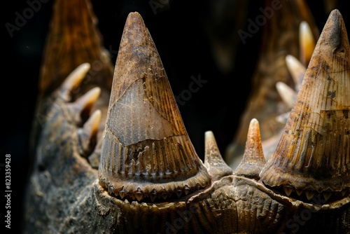 A detailed macro shot of fossilized shark teeth showcasing their sharpness and serrated edges photo