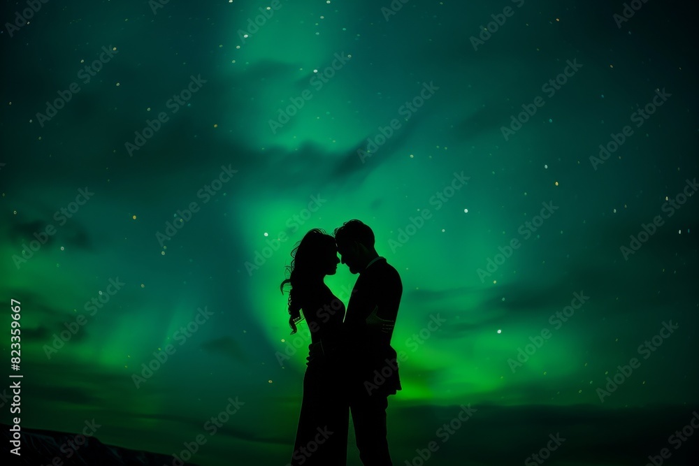 A romantic silhouette of a couple kissing under the aurora borealis in a night sky