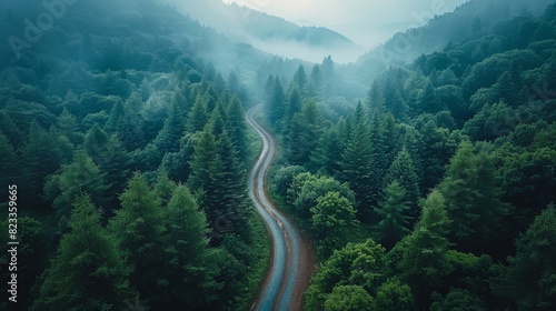 Aerial view of a serpentine road meandering through a dense, mist-covered forest, invoking tranquility and adventure © familymedia