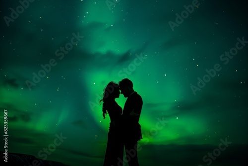 A romantic silhouette of a couple kissing under the aurora borealis in a night sky