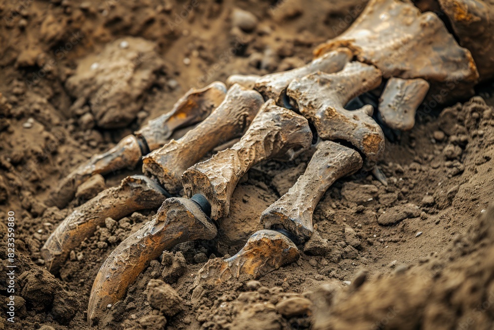 The photo zooms in on the fossilized leg bones of a dinosaur, showcasing their texture and the surrounding soil The photo zooms in on the fossilized leg bones of a dinosaur, showcasing their texture and the surrounding soil