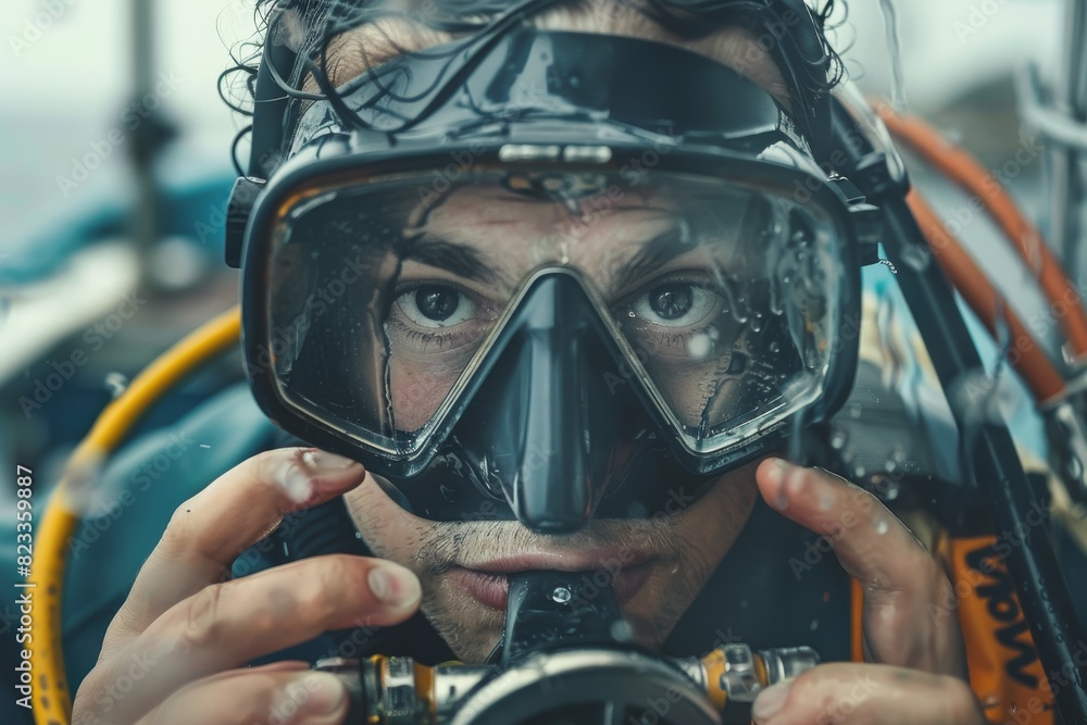 A focused scuba diver is captured adjusting his mask, showing determination and readiness for an underwater adventure A focused scuba diver is captured adjusting his mask, showing determination and readiness for an underwater adventure