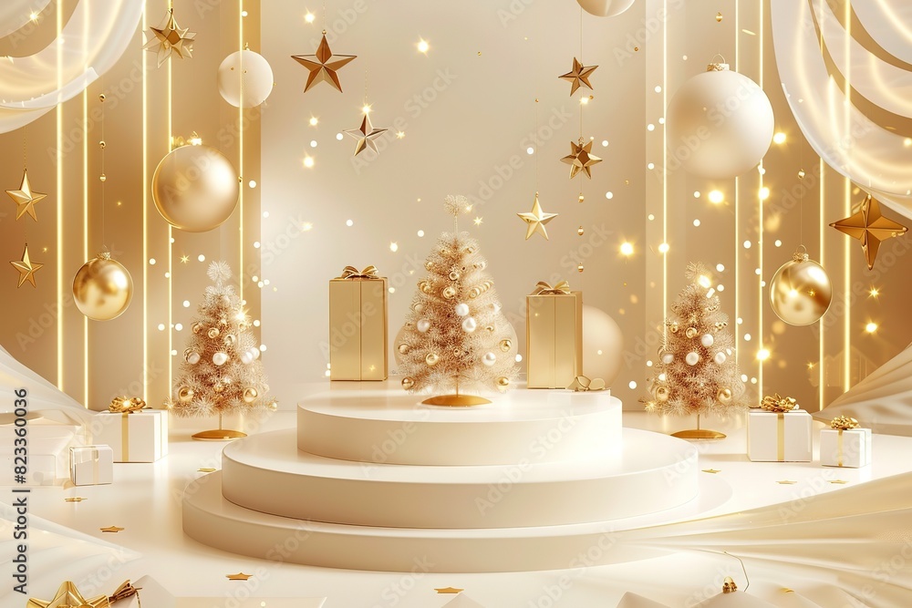 Merry Christmas and Happy New Year. Podium studio with gifts, boxes, Christmas decoration.Holidays composition. Template. 3d render Merry Christmas and Happy New Year. Podium studio with gifts, boxes, Christmas decoration.Holidays composition. Template. 3d render