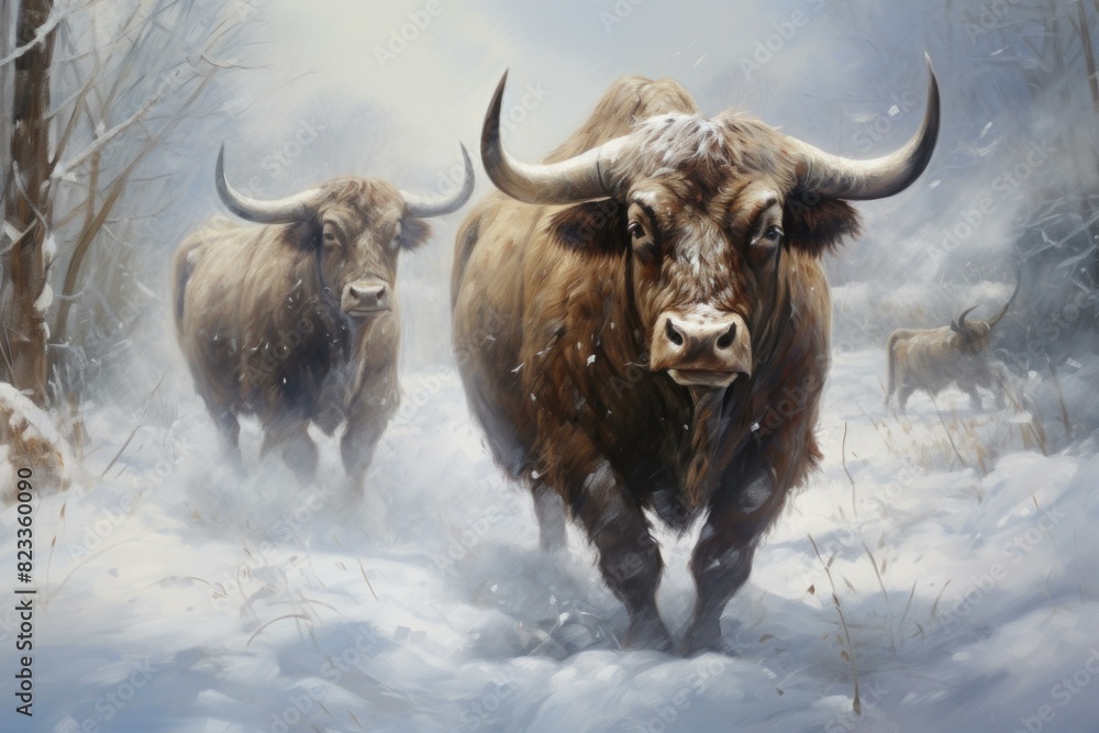 Naklejka premium Frosty Two bulls in wintertime. Wildlife powerful bison animal in snowfall. Generate ai