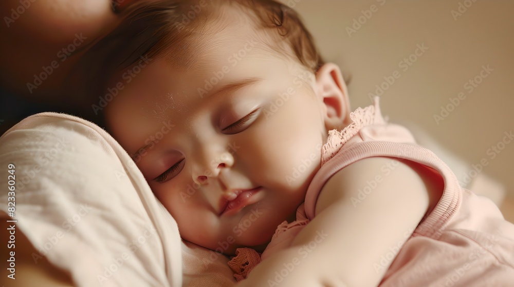 Close-up of a sleeping baby resting peacefully on a parent's shoulder. The style is intimate and heartwarming. Perfect for family, care and love themes. AI Close-up of a sleeping baby resting peacefully on a parent's shoulder. The style is intimate and heartwarming. Perfect for family, care and love themes. AI