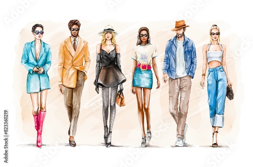 Watercolor mixed race group of fashion people walking. Stylish beautiful people walking. Fashion illustration