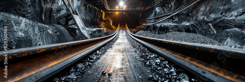 Empty tunnel, post-apocalyptic shelter, rails going into darkness conveyor belt in underground coal mine photo