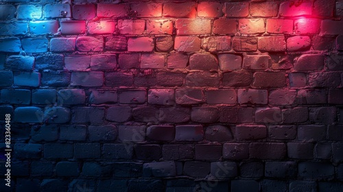 Distinctive red brick wall backlight with pink and blue hues creating a vibrant atmosphere