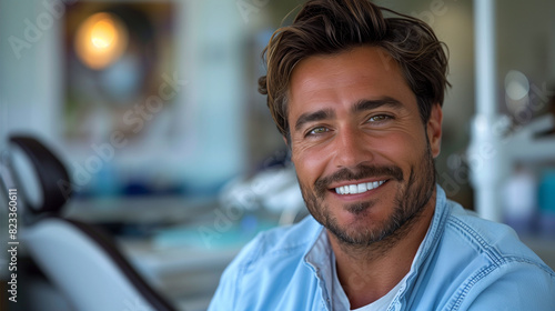 Handsome brunette man (doctor) smile and sitting in chair