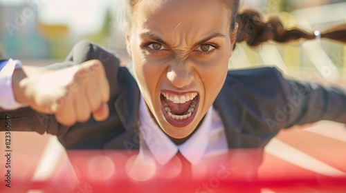 Wallpaper Mural Determined woman in a business suit breaking through the finish line. Dynamic, energetic pose, motivating image. Use for business, competition, or achievement themes. AI Torontodigital.ca