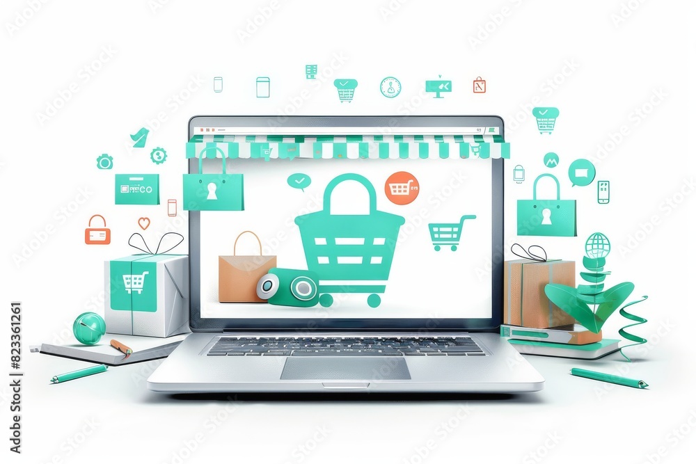 Modern illustration of a laptop with secure online shopping elements and e commerce icons Modern illustration of a laptop with secure online shopping elements and e commerce icons