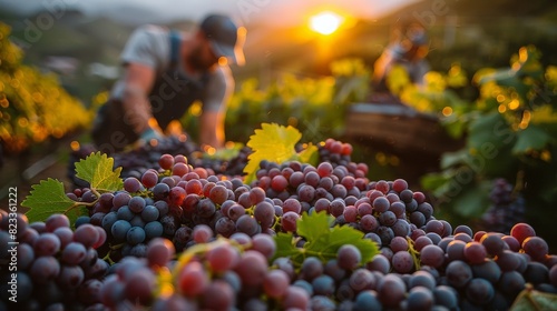A focused shot on ripe grapes with harvest workers and the setting sun in the background, symbolizing harvest time