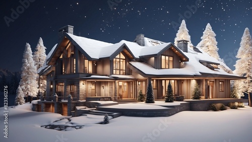 This is a picture of a two-story cabin in the woods. The cabin is made of wood and has a large front porch. There are trees in the front yard and snow on the ground. There are also several Christmas t