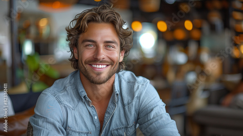 Handsome man in blue jean shirt with fine hair smile and sitting in chair