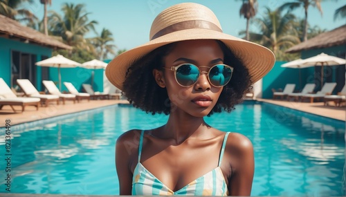 pool resort background african pretty girl model fashion portrait posing with sunglasses and hat
