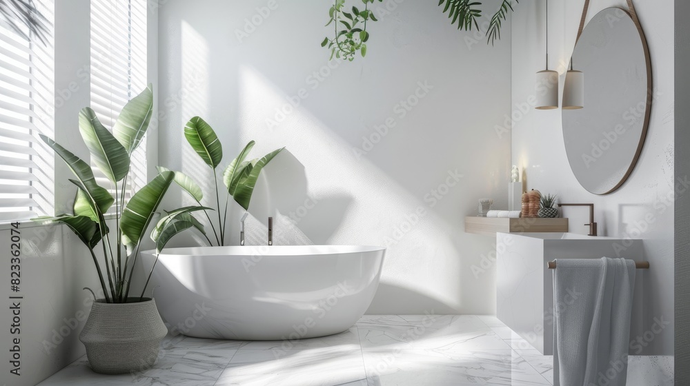 A bathroom with a white bathtub and a potted plant A bathroom with a white bathtub and a potted plant