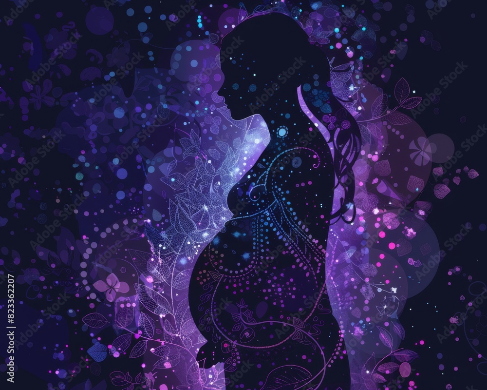 A pregnant woman gracefully posing against a vibrant purple background in a mesmerizing double exposure illustration. A pregnant woman gracefully posing against a vibrant purple background in a mesmerizing double exposure illustration.