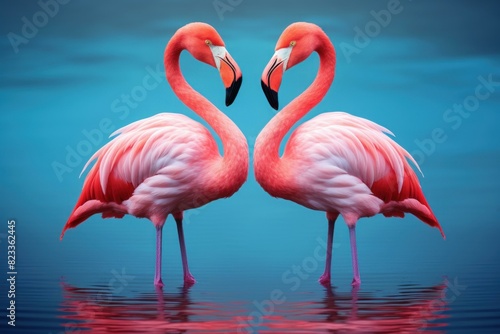 A pair of vibrant flamingos mirrored in calm blue water