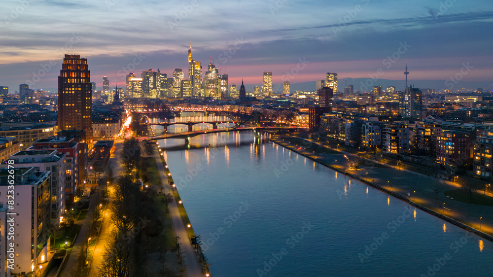 Fototapeta premium Aerial view of Frankfurt am Main cityscape in Germany at sunset