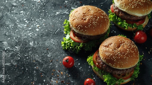 Wallpaper Mural Two hamburgers with lettuce and tomatoes on dark surface Torontodigital.ca