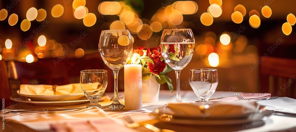 Elegant Table Set for Romantic Valentine's Day Dinner with Candles and Flowers Elegant Table Set for Romantic Valentine's Day Dinner with Candles and Flowers