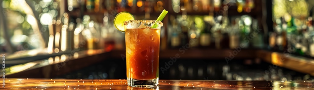 A tangy and spicy michelada in a salt-rimmed glass, with lime wedges and a celery stick, set against a lively outdoor bar backgroundHighly detailed photography A tangy and spicy michelada in a salt-rimmed glass, with lime wedges and a celery stick, set against a lively outdoor bar backgroundHighly detailed photography