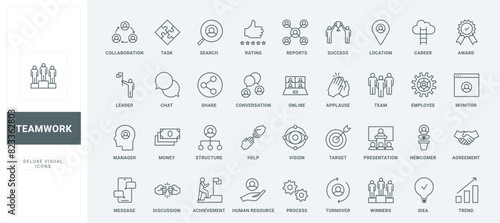 Outline symbols of partnership and help of team in leaders career, report presentation and award. Teamwork, human resource and company structure thin black and red line icons set vector illustration