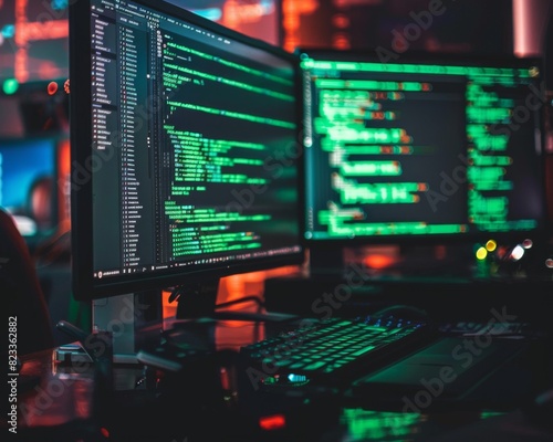 Two sleek computer monitors are perched atop a desk, emanating a soft glow as they await commands or display vibrant digital landscapes. © Svyatoslav Lypynskyy