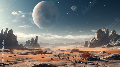 A Desert With Rocks And Planets In The Background